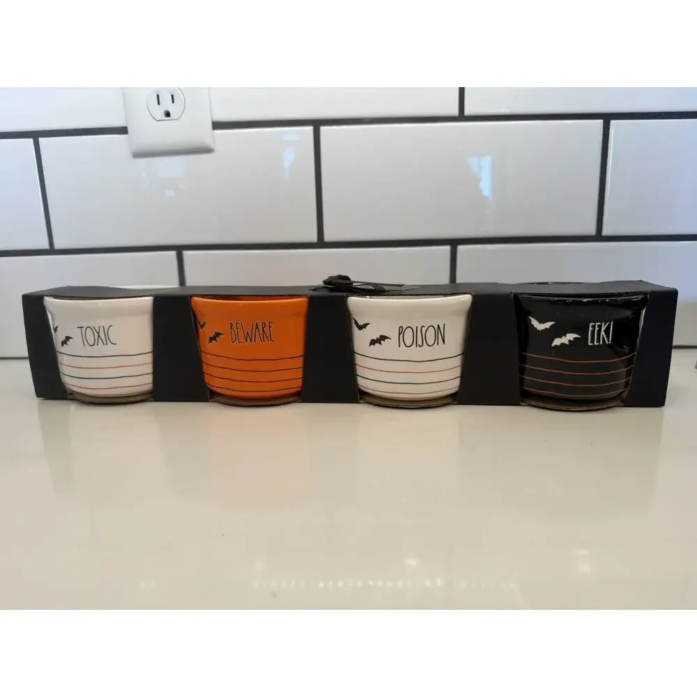 RAE DUNN Set of 4 Halloween Ceramic Ramekins - TOXIC, BEWARE, POISON, EEK! NEW!!